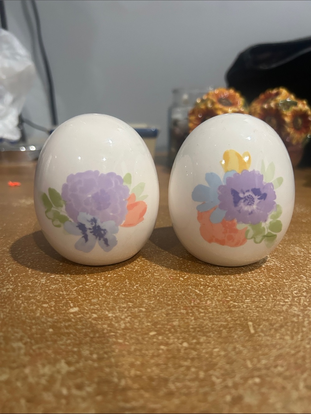 Floral Ceramic Salt and Pepper Shakers - White with Purple and Coral Flowers